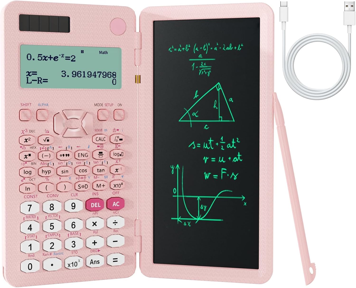 Rechargeable Scientific Calculator for Students, Pink 991ES MAX foldable science calculator with notepad, 417 function solar calculator