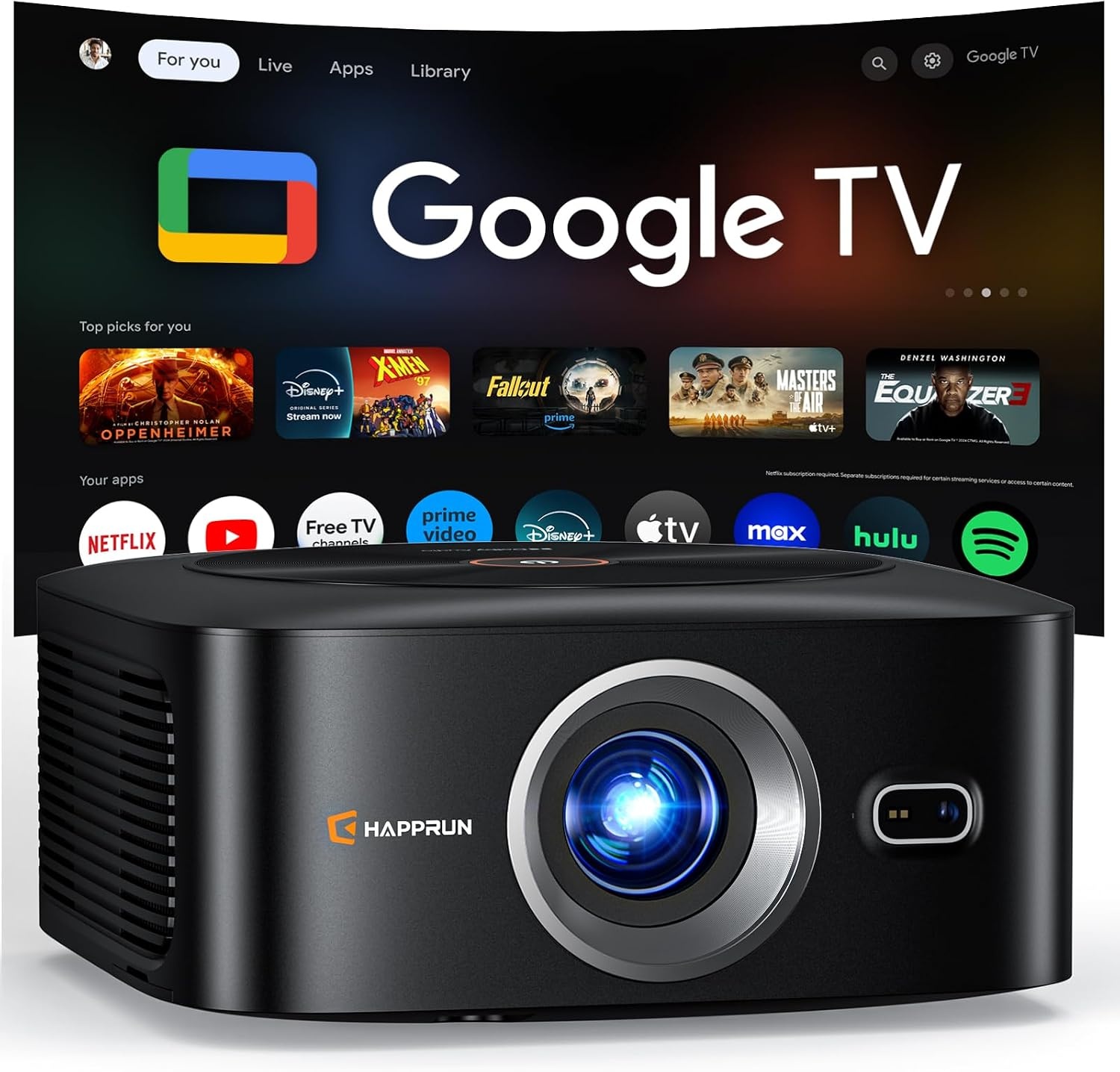 HAPPRUN 1500 ANSI Lumens Outdoor Projector with Official Google TV