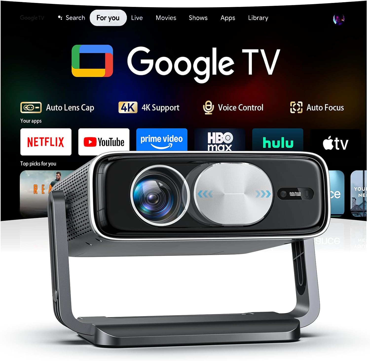 Smart 4K Projector Bundled with Google TV Stick with WiFi and Bluetooth, 3000ANSI, Auto Lens Cap, Portable Outdoor Movie Projector with Built-in Apps Auto Focus